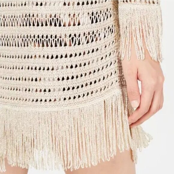 Inc International Gold Crochet Long Lines Fringe Open Cardigan Sweater Size M - Picture 3 of 8